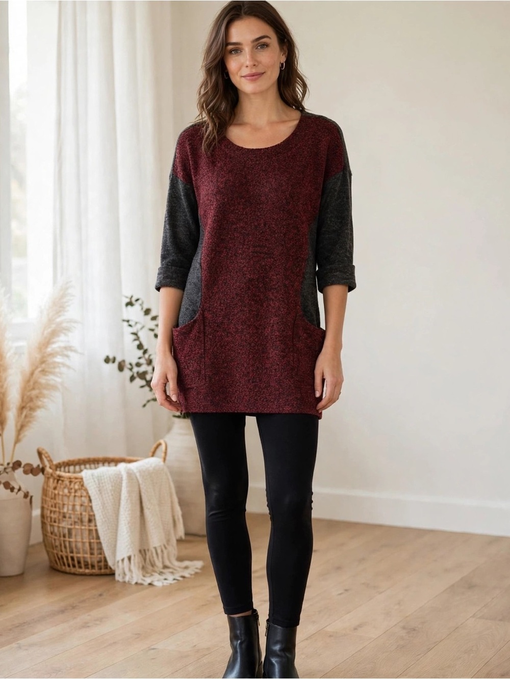 Papillon Tunic Top S Burgundy Grey Colorblock Marled Knit 3/4 Sleeve